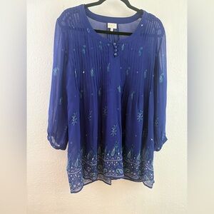 EAST Boho long sleeve blue paisley print 100% viscose blouse size 14